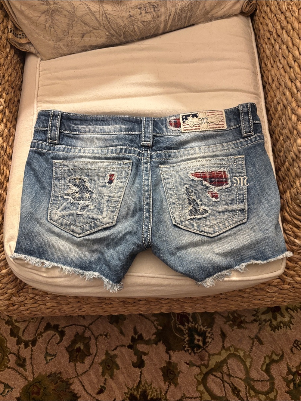 Miss Me Distressed Light Blue Denim Shorts with American Flag Patchwork - Picture 3 of 3